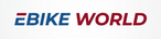 A promotional graphic for EBIKE WORLD featuring a white background with the brand name in blue and red text, and four stacked gray panels showing product features in French, including power, all-terrain tires, IPX certification, and compact quick-plunge design.