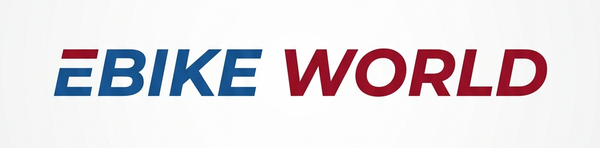 A promotional graphic for EBIKE WORLD featuring a white background with the brand name in blue and red text, and four stacked gray panels showing product features in French, including power, all-terrain tires, IPX certification, and compact quick-plunge design.